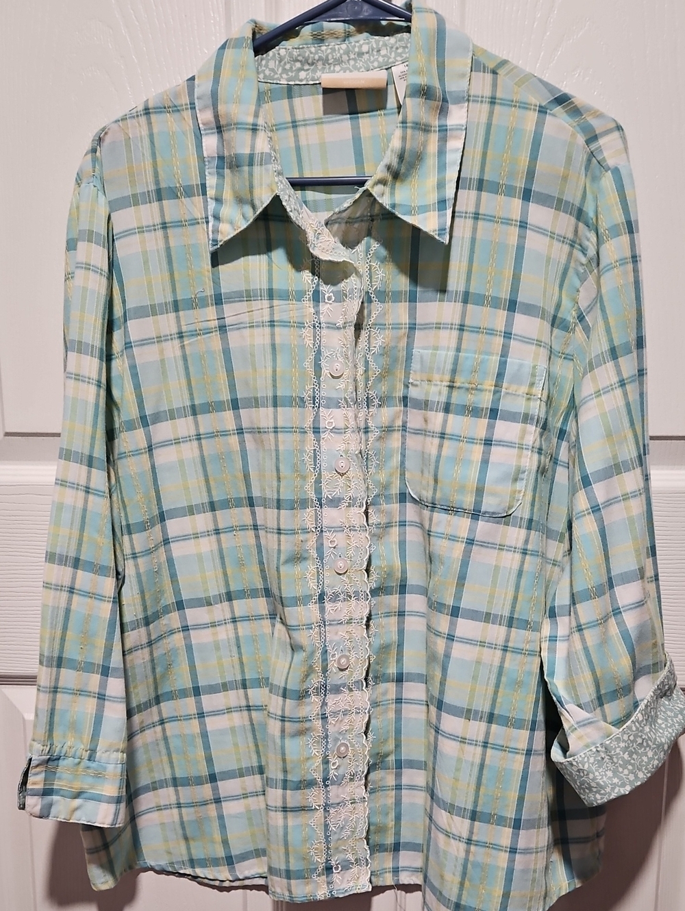Alfred Dunner Pale Blue and Cream Plaid Button-Down Shirt